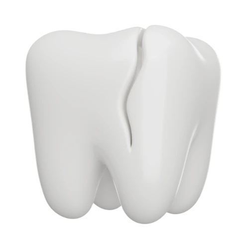 um ícone em 3d de um dente todo branco com uma rachadura mostrando o dente danificado