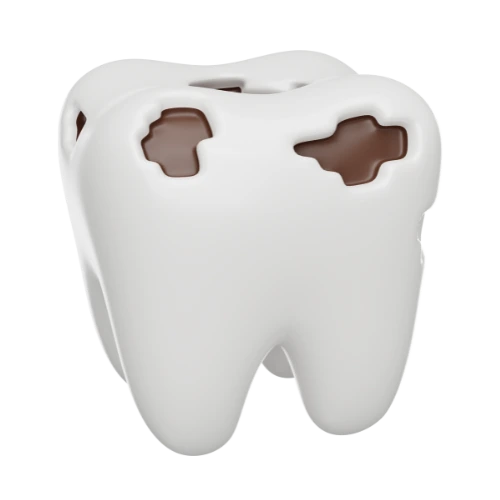 um ícone em 3d de um dente com algumas perfurações mais profundas como se fossem cáries